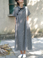 Women Summer Vintage Plaid Frog Loose Dress