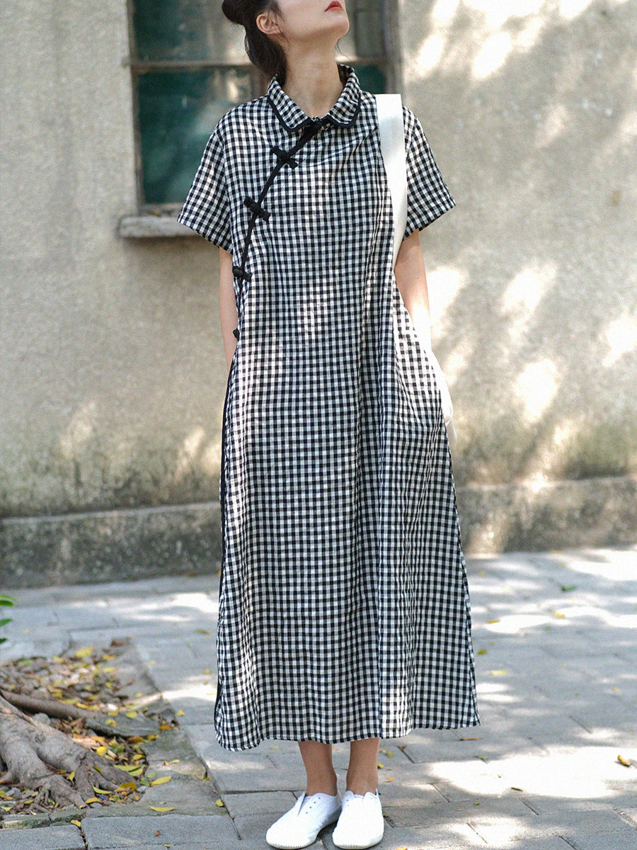Women Summer Vintage Plaid Frog Loose Dress