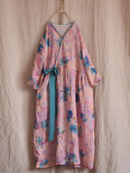 Women Vintage Flower Drwastring V-Neck Loose Ramie Dress