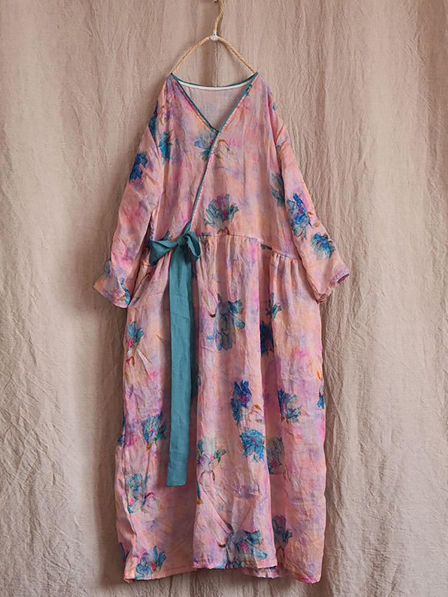 Women Vintage Flower Drwastring V-Neck Loose Ramie Dress
