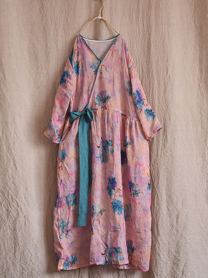 Women Vintage Flower Drwastring V-Neck Loose Ramie Dress