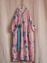 Load image into Gallery viewer, Women Vintage Flower Drwastring V-Neck Loose Ramie Dress