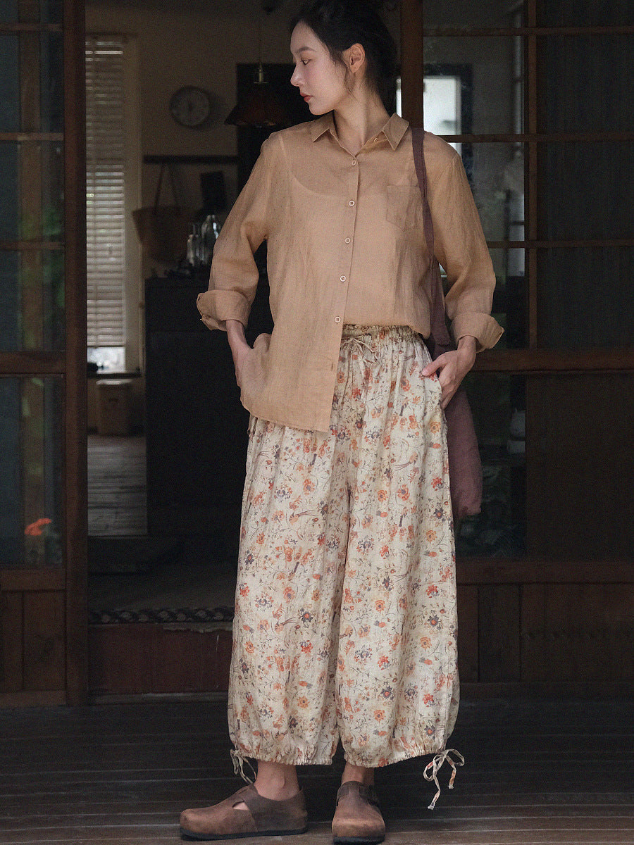 Women Summer Artsy Floral Lacework Drawstring Linen Bloomers