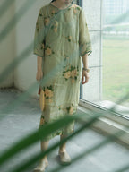 Women Vintage Artsy Flower Print Button Linen Robe Dress