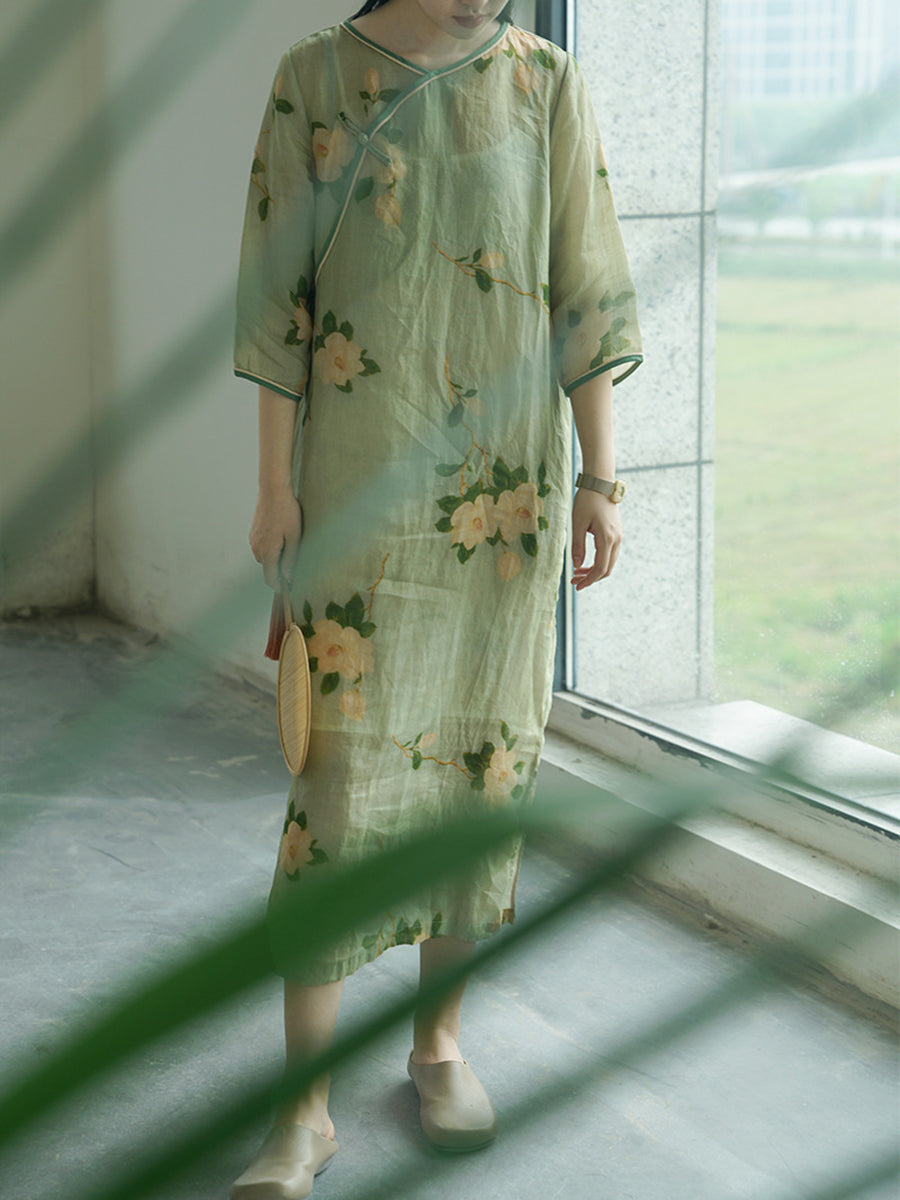 Women Vintage Artsy Flower Print Button Linen Robe Dress