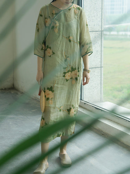 Women Vintage Artsy Flower Print Button Linen Robe Dress