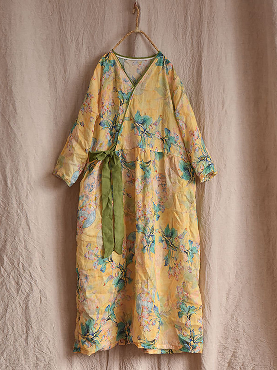 Women Vintage Flower Drwastring V-Neck Loose Ramie Dress