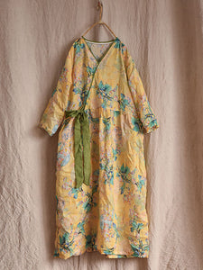 Women Vintage Flower Drwastring V-Neck Loose Ramie Dress