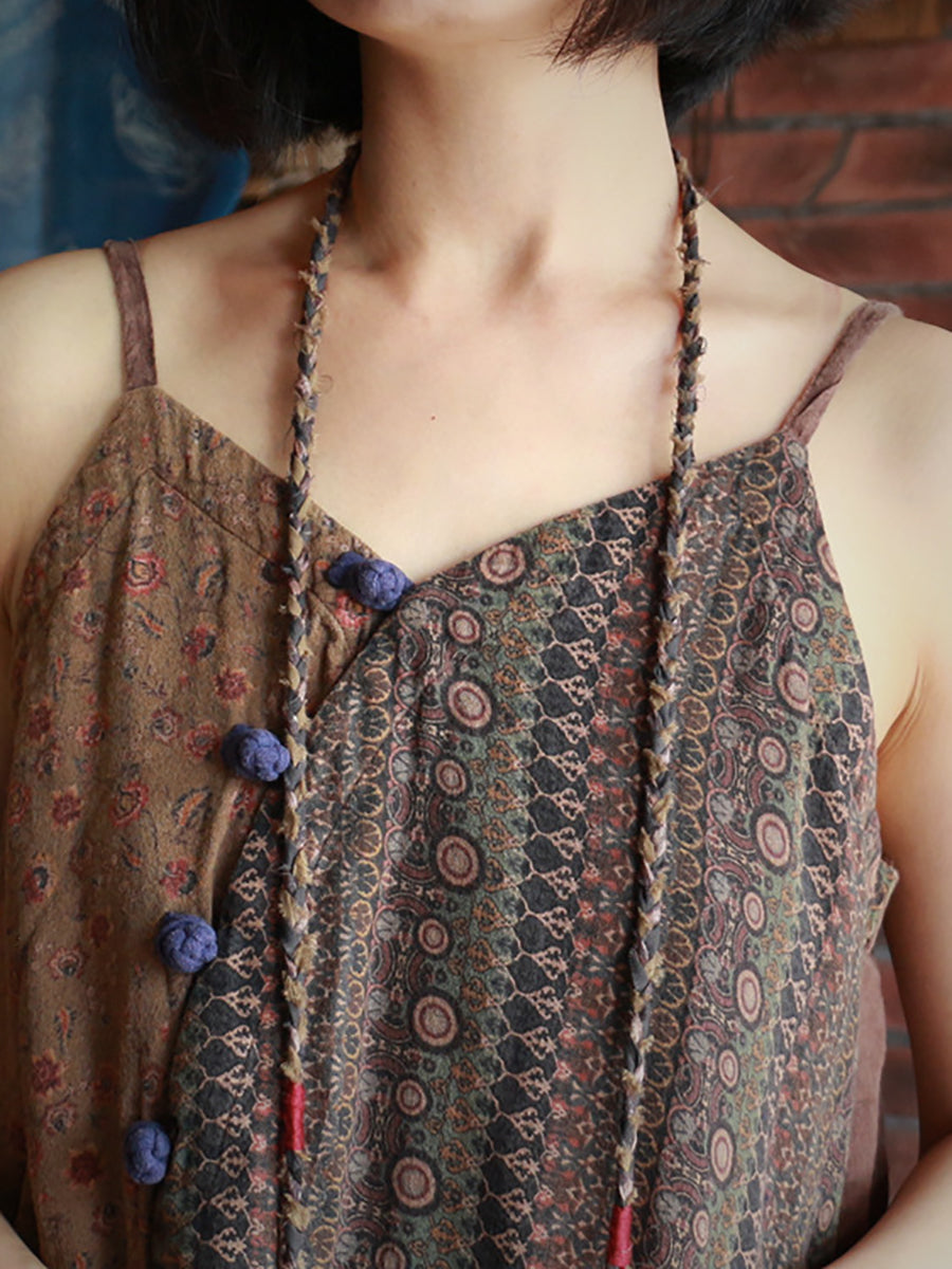 Women Retro Ethnic Spliced Frog V-Neck Slip Dress