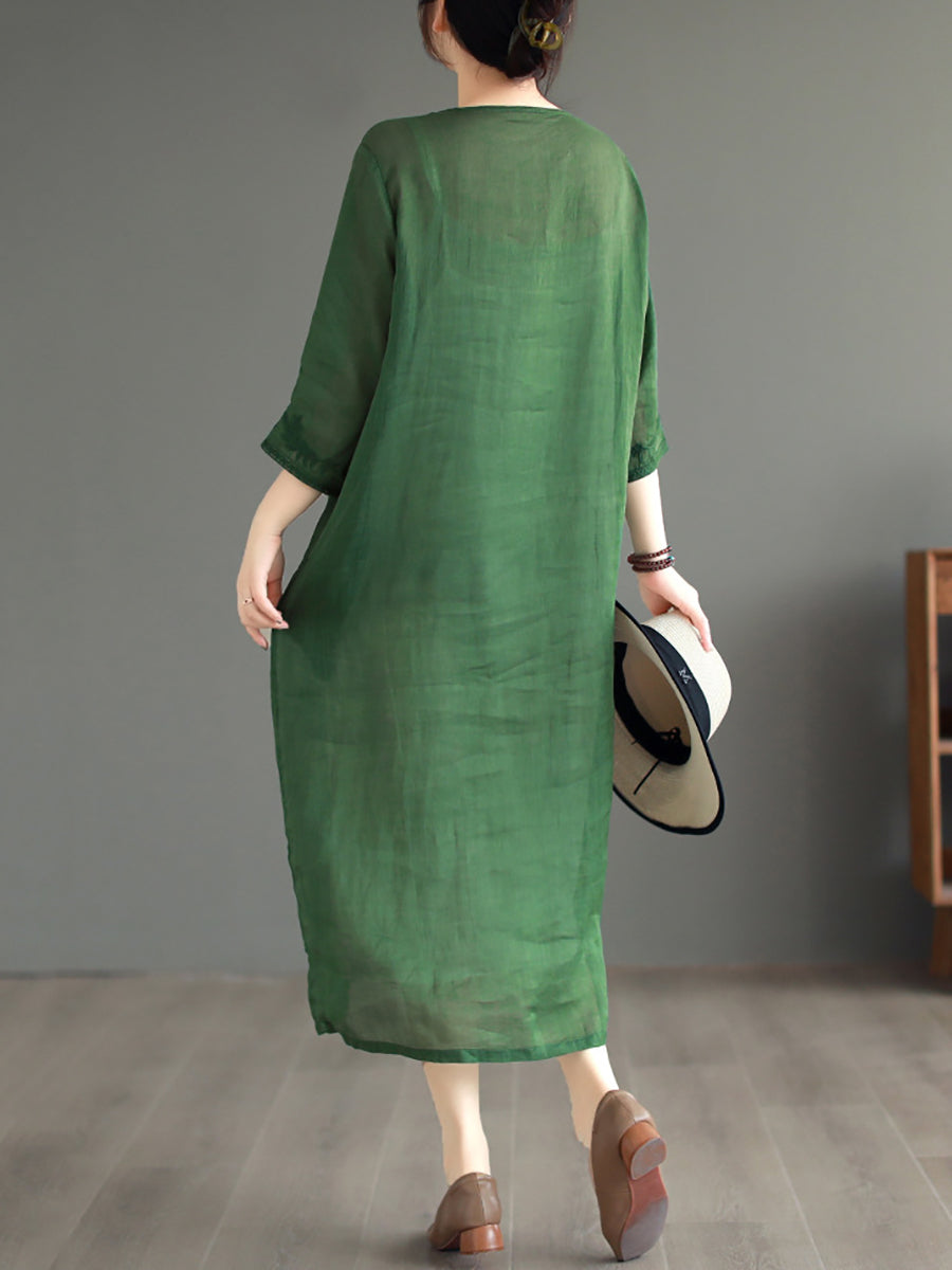 Women Summer Ethnic Embroidery Loose Ramie Dress(2 Pieces)