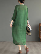 Women Summer Ethnic Embroidery Loose Ramie Dress(2 Pieces)