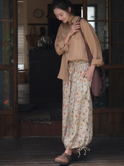 Women Summer Artsy Floral Lacework Drawstring Linen Bloomers