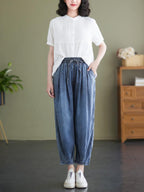 Women Summer Worn Solid Pleat Loose Pocket Denim Pants