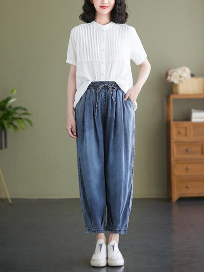 Women Summer Worn Solid Pleat Loose Pocket Denim Pants