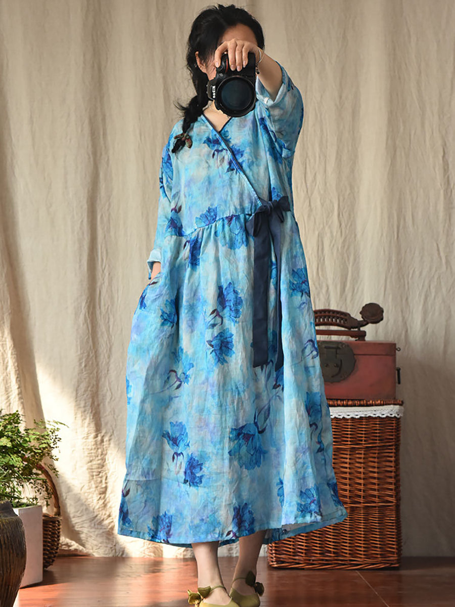 Women Vintage Flower Drwastring V-Neck Loose Ramie Dress