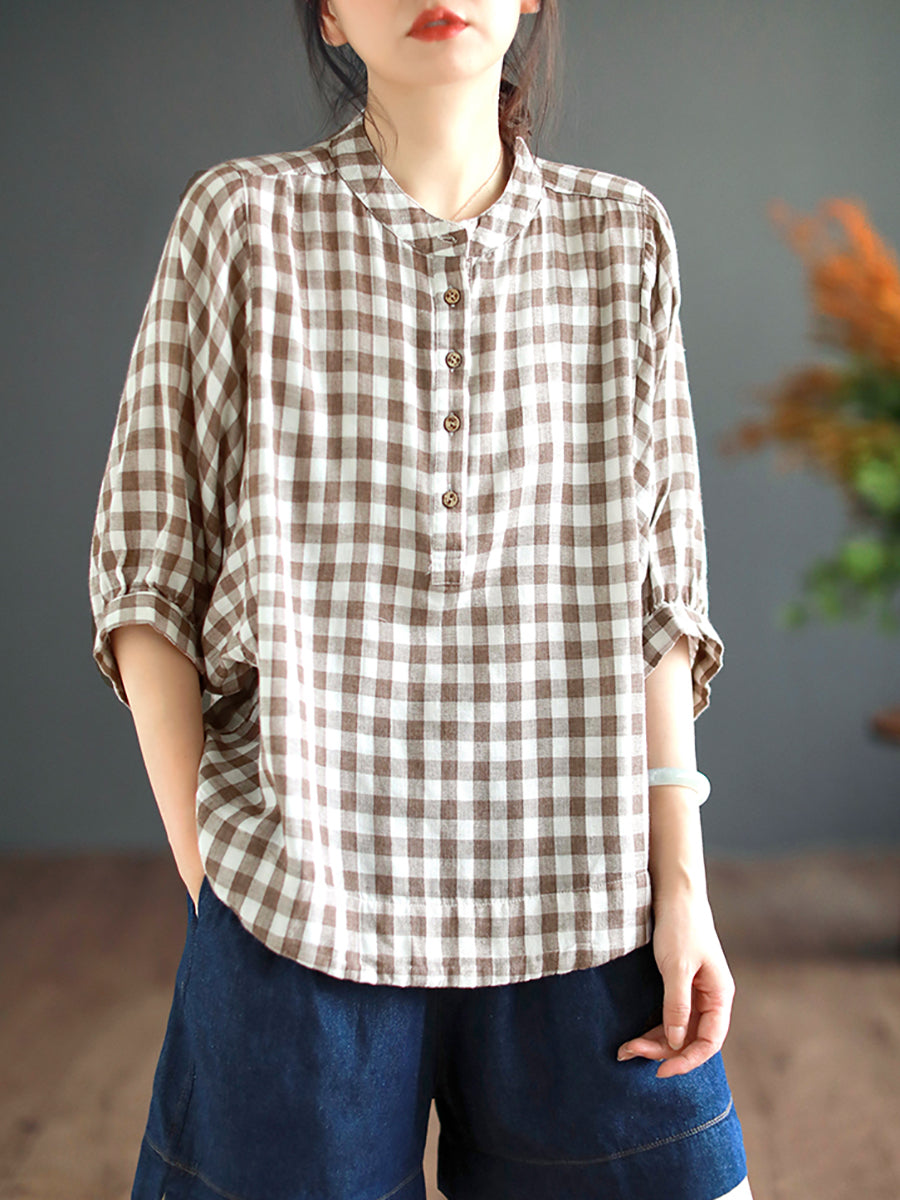Women Retro Plaid Button Batwing Sleeve Cotton Shirt