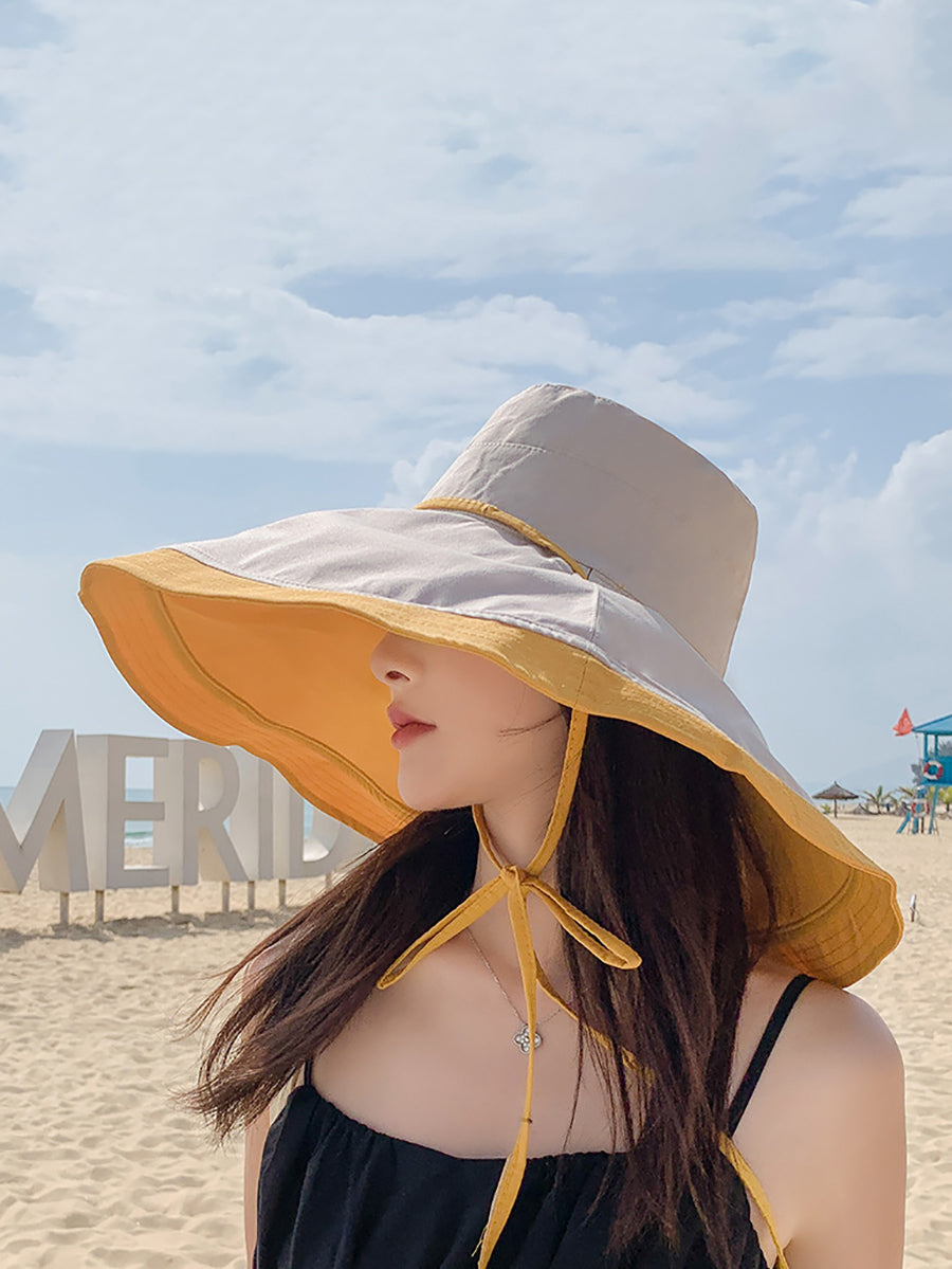 Women Casual Colorblock Drawstring Travel Sunproof Hat