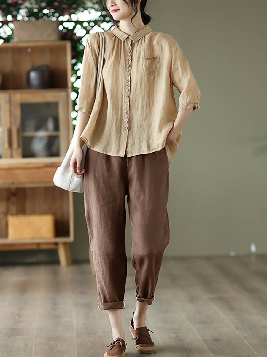 Women Spring Artsy Solid Button Embroidery Loose Ramie Shirt