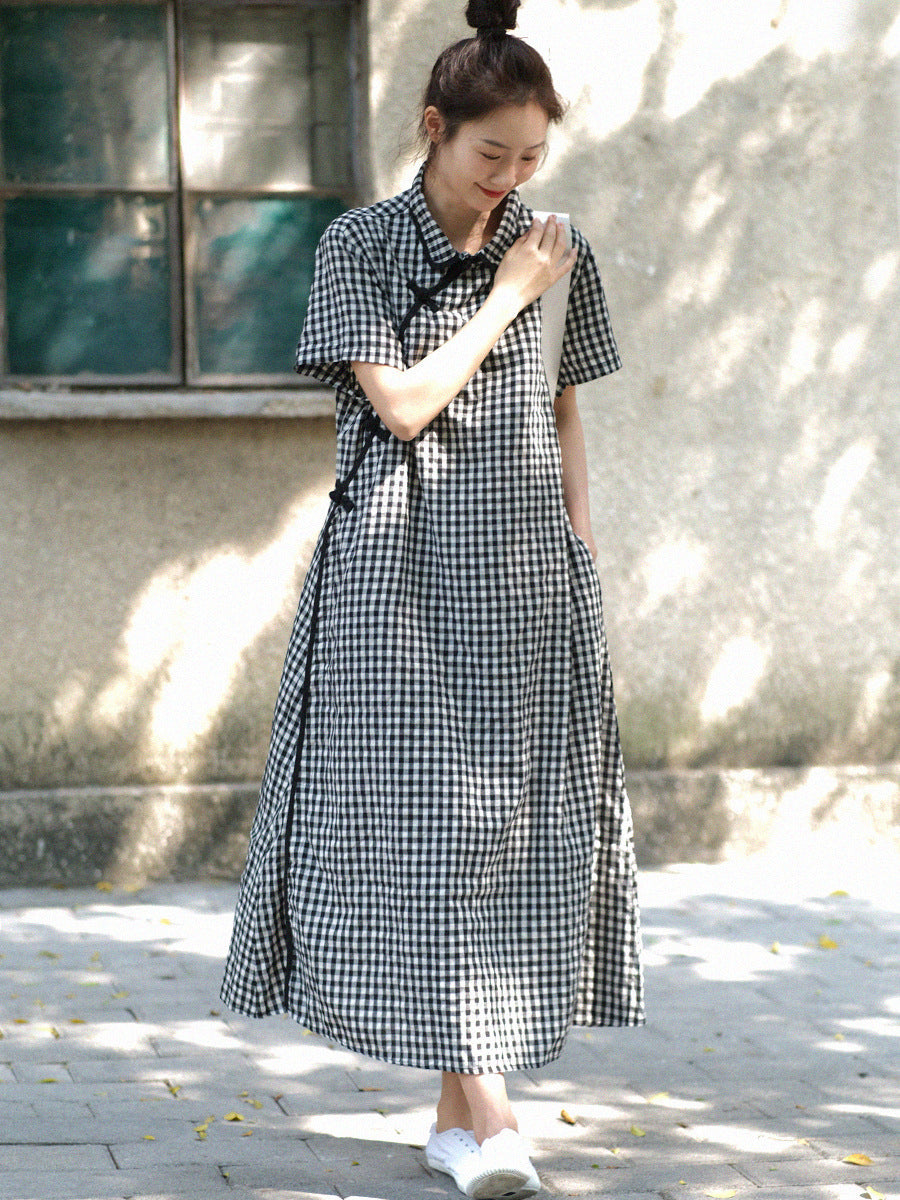 Women Summer Vintage Plaid Frog Loose Dress