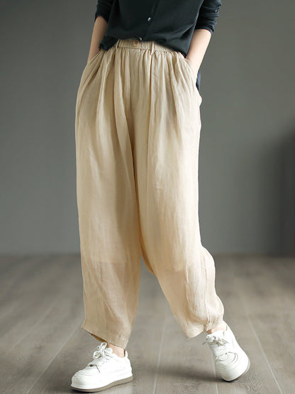 Women Vintage Solid Button Pleat Summer Ramie Pants