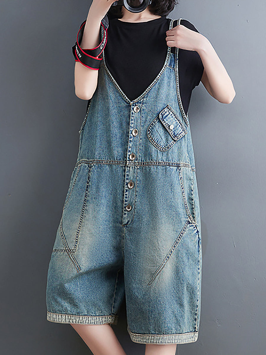 Women Casual Solid Washed Pocket V-Neck Denim Jumpsuits