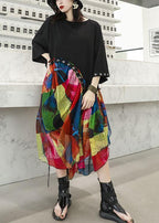 100% black cotton dresses patchwork prints chiffon Traveling summer Dresses
