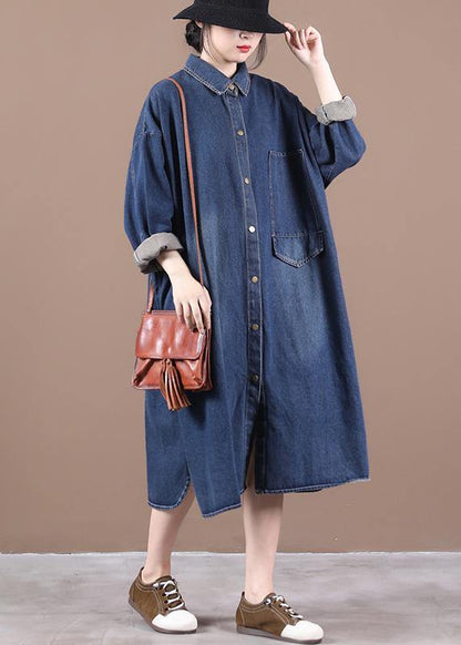 100% lapel patchwork spring outfit Fashion Ideas denim blue long Dress