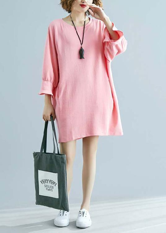100% o neck half sleeve linen outfit Tunic Tops pink Dresses summer