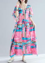 100% pink print Tunics v neck drawstring long summer Dresses