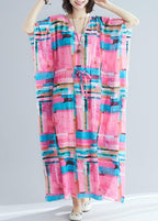 100% pink print Tunics v neck drawstring long summer Dresses