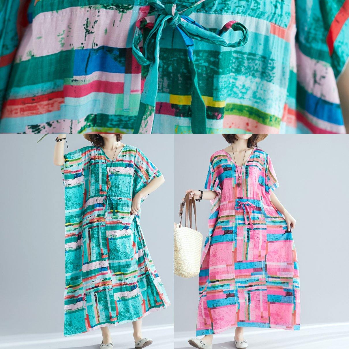 100% pink print Tunics v neck drawstring long summer Dresses