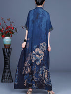 Plus Size Women Casual Retro Flower 100% Rayon Stitching Dress