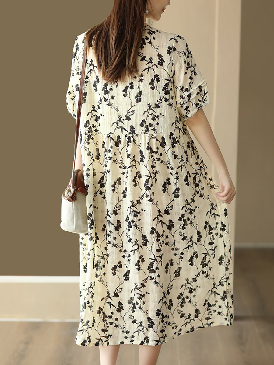 Women Summer Floral Drawstring Pleat Loose Cardigan Dress