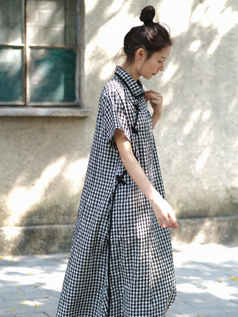 Women Summer Vintage Plaid Frog Loose Dress
