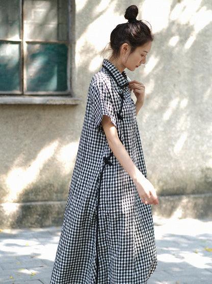 Women Summer Vintage Plaid Frog Loose Dress