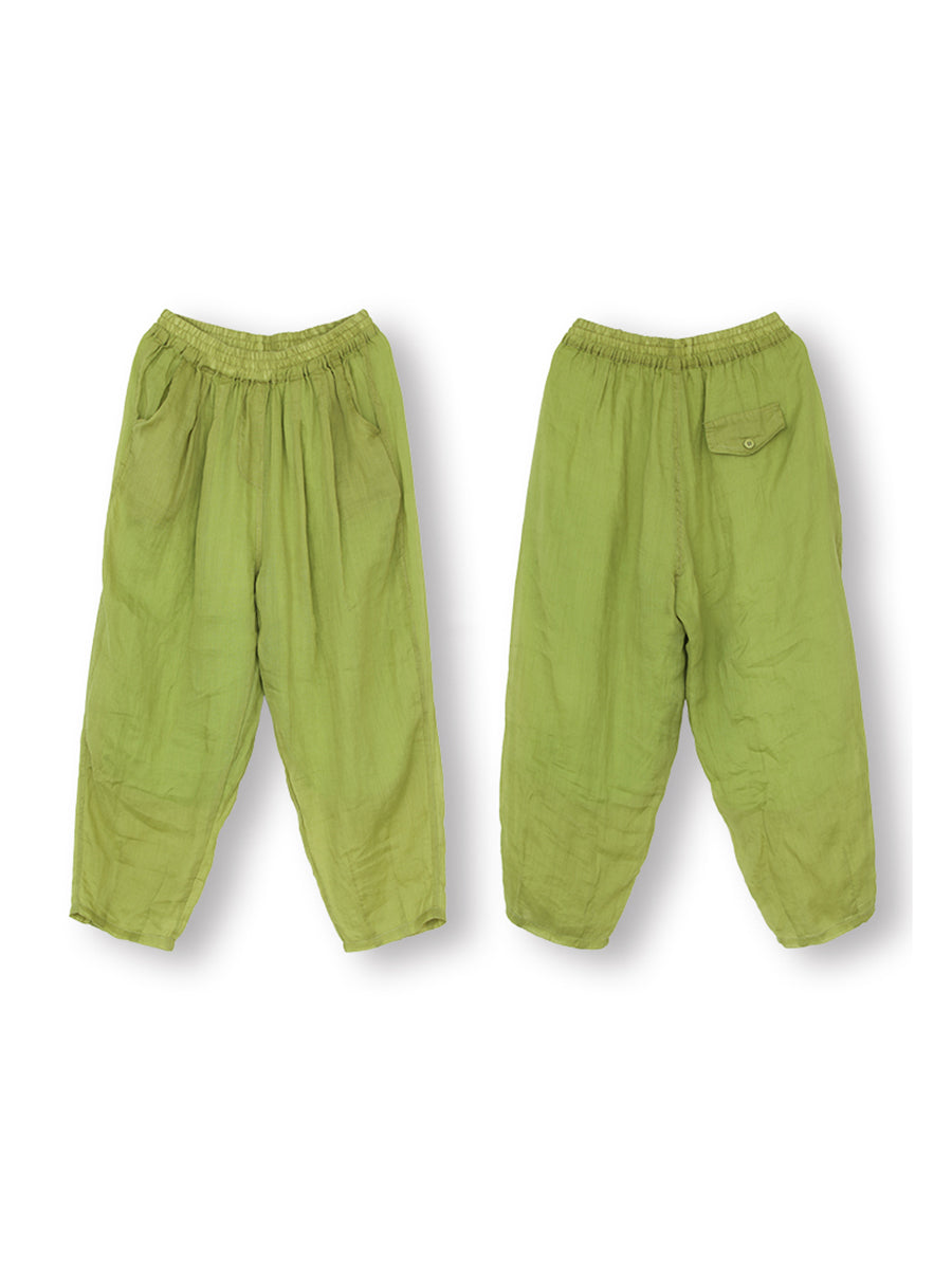 Women Summer Solid Pleat Pocket Thin Ramie Harem Pants