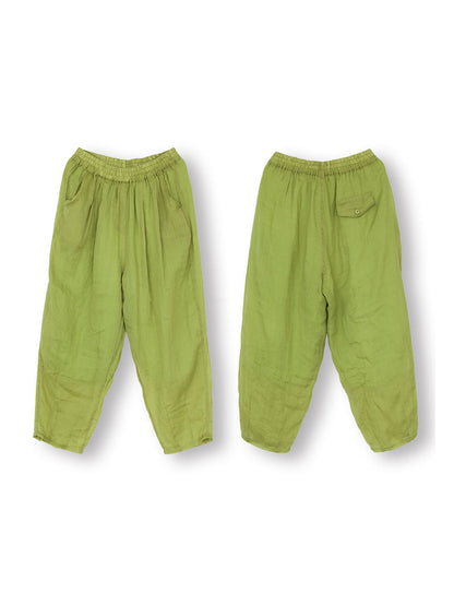 Women Summer Solid Pleat Pocket Thin Ramie Harem Pants