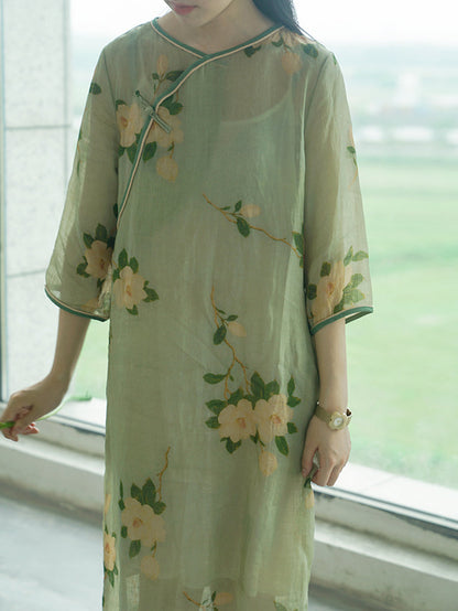 Women Vintage Artsy Flower Print Button Linen Robe Dress