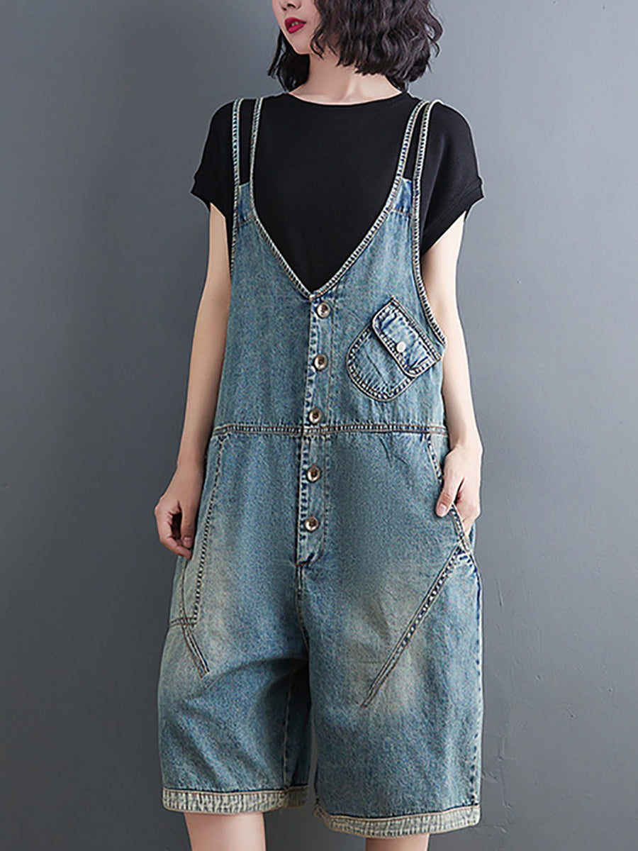 Women Casual Solid Washed Pocket V-Neck Denim Jumpsuits