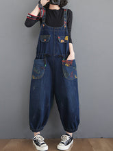 Load image into Gallery viewer, Women Casual Retro Print Pocket Loose Spliced Denim Jumpsuits