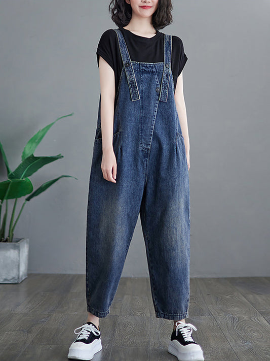 Women Summer Solid Spliced Denim Jumpsuits