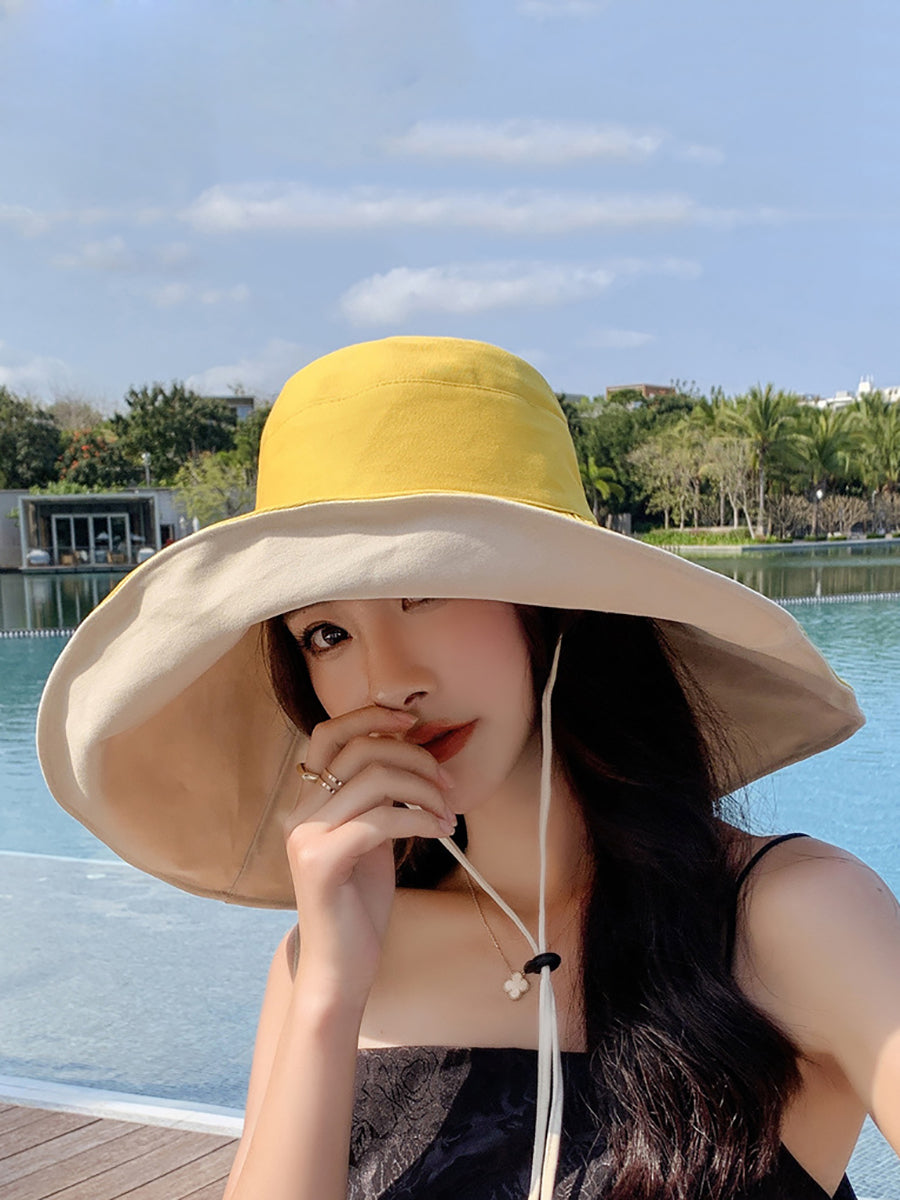 Women Fashion Solid Large-brim Drawstring Sunproof Hat