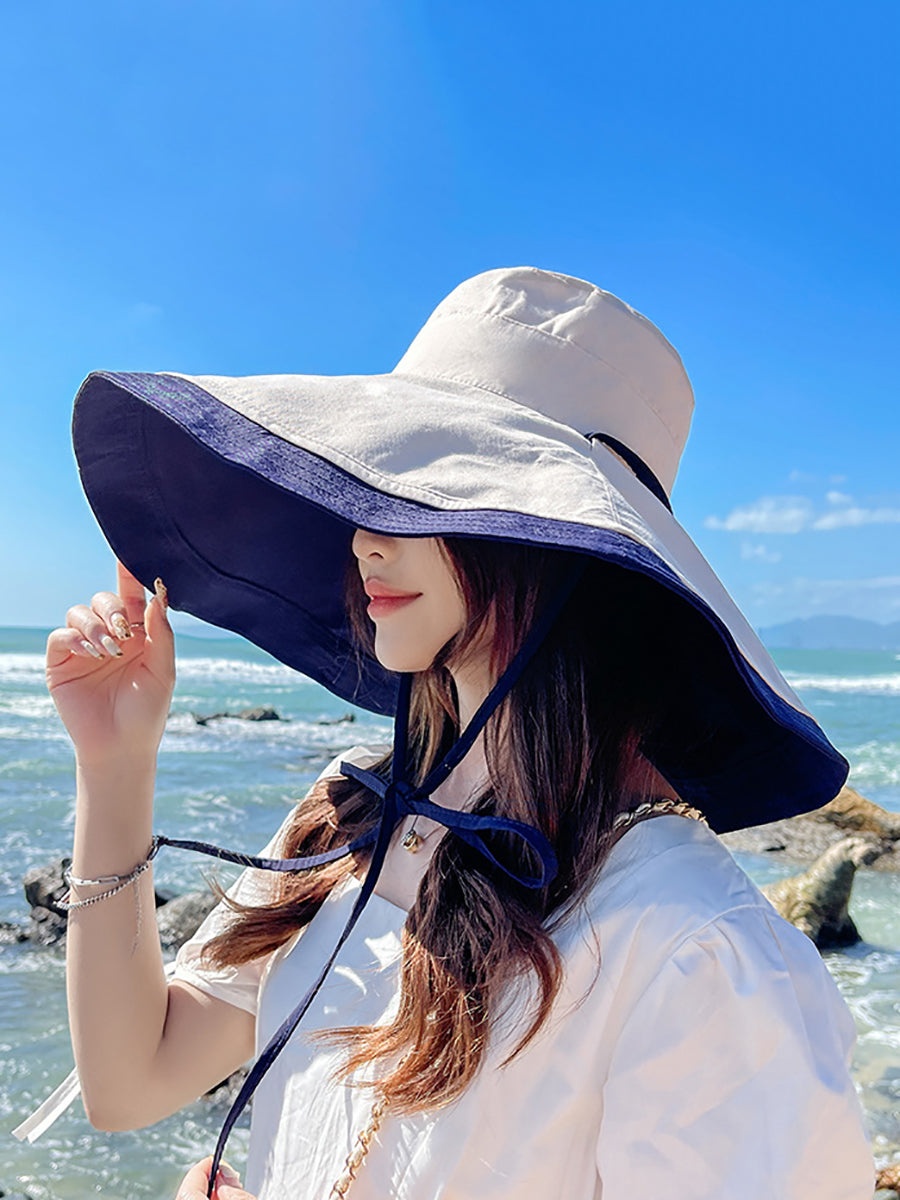 Women Casual Colorblock Drawstring Travel Sunproof Hat