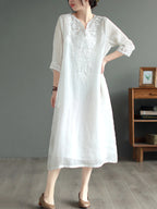 Women Summer Ethnic Embroidery Loose Ramie Dress(2 Pieces)