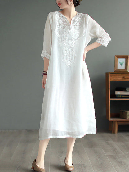 Women Summer Ethnic Embroidery Loose Ramie Dress(2 Pieces)