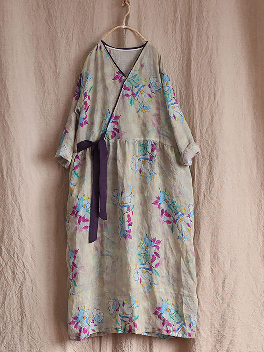 Women Vintage Flower Drwastring V-Neck Loose Ramie Dress