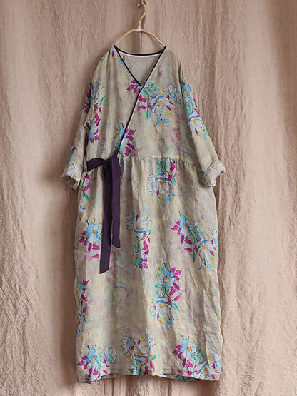 Women Vintage Flower Drwastring V-Neck Loose Ramie Dress