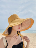 Women Casual Colorblock Drawstring Travel Sunproof Hat