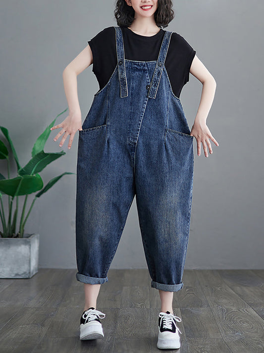 Women Summer Solid Spliced Denim Jumpsuits