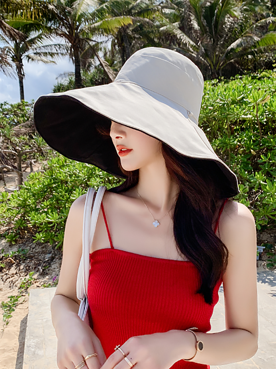Women Fashion Solid Large-brim Drawstring Sunproof Hat